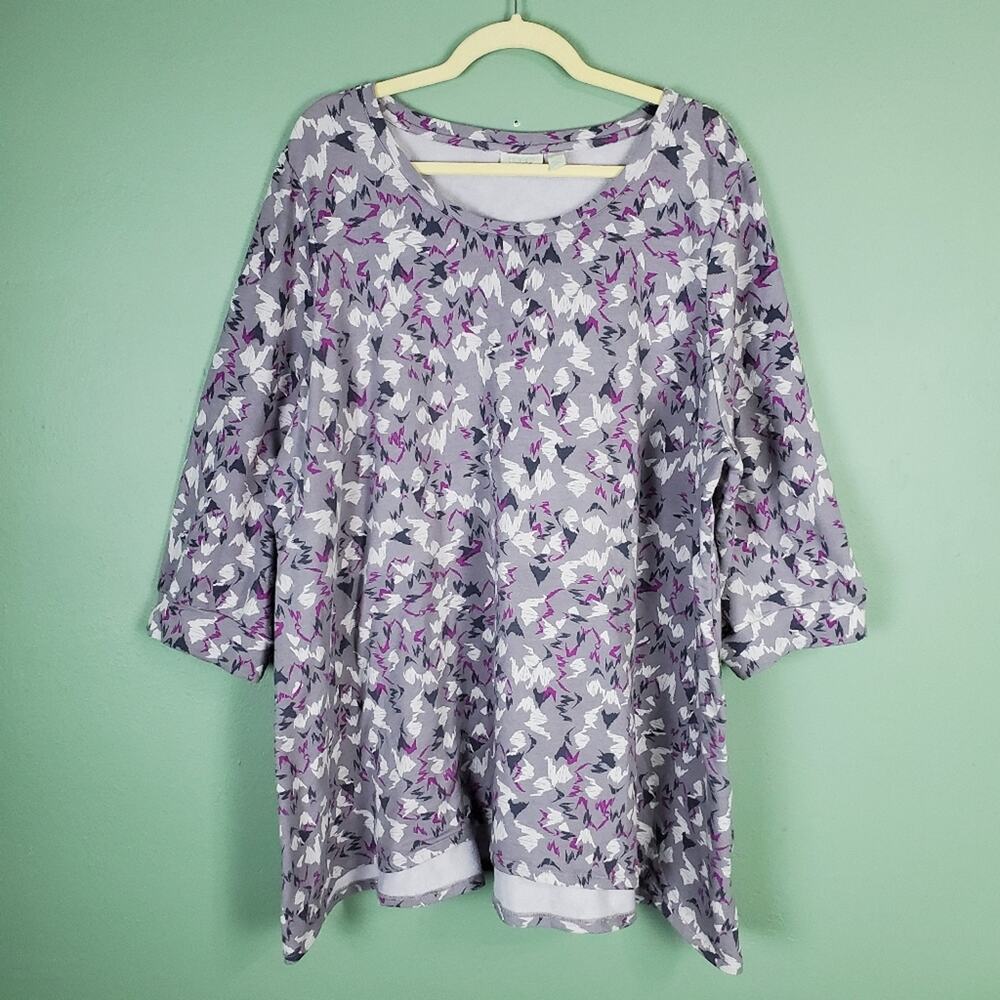 Logo Lounge by Lori Goldstein Allover Printed French Terry Purple Top Size 3X